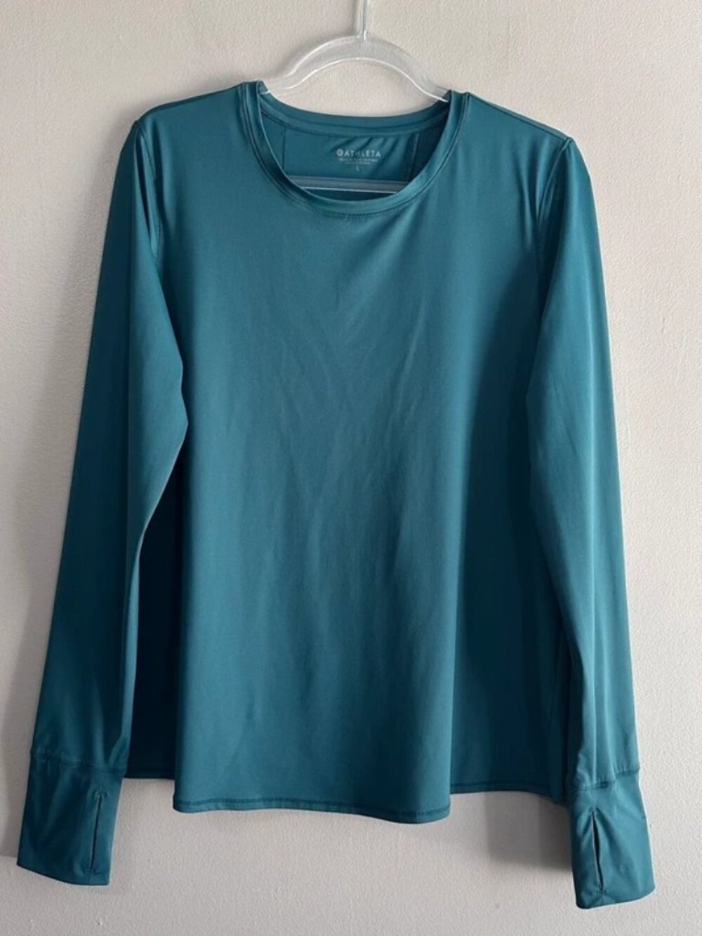 Women's Teal Long Sleeve Activewear Top with Tulip Back Size L